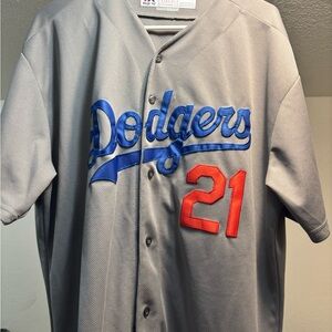 Gray Dodgers Walker Buehler Jersey with Blue and Red Accents